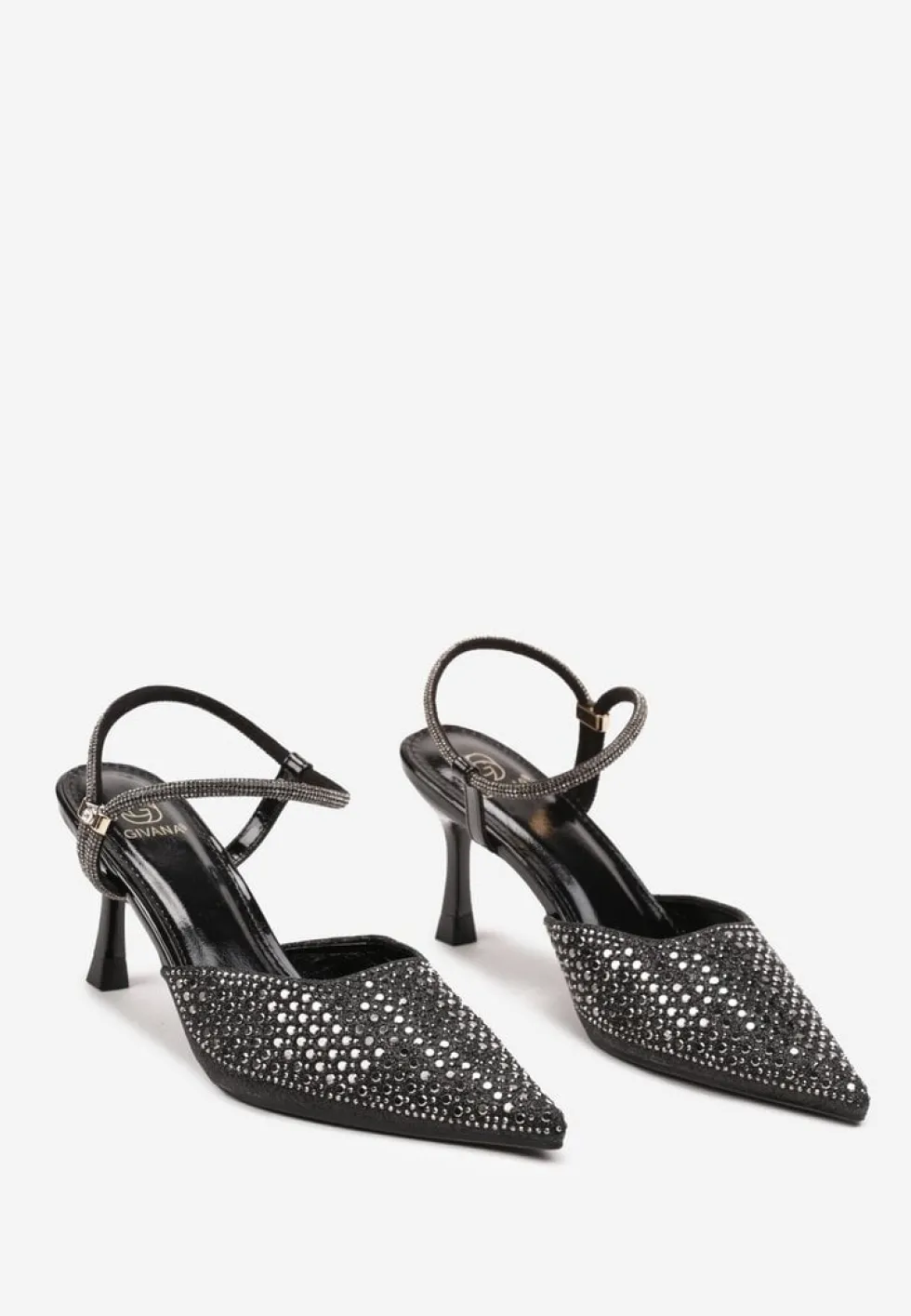 Czarne Sandały Slingback na Szpilce ze Szpiczastym Noskiem z Cyrkoniami Dimena