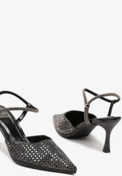 Czarne Sandały Slingback na Szpilce ze Szpiczastym Noskiem z Cyrkoniami Dimena