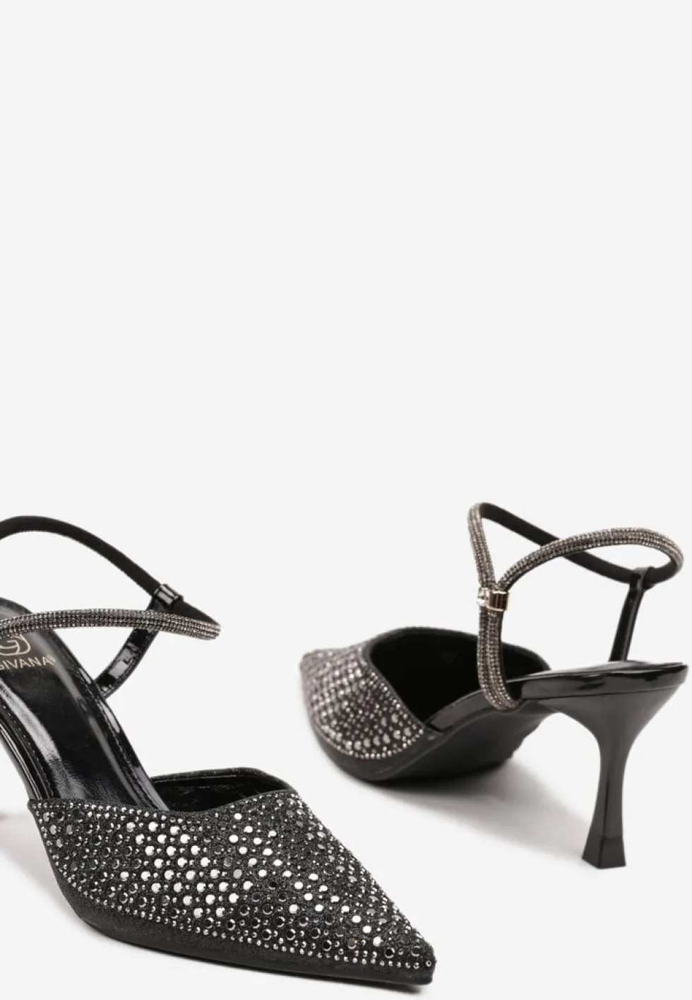 Czarne Sandały Slingback na Szpilce ze Szpiczastym Noskiem z Cyrkoniami Dimena