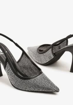 Czarne Sandały Szpilki Slingback z Noskiem w Szpic Zdobione Cyrkoniami Zenvia