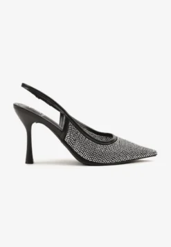 Czarne Sandały Szpilki Slingback z Noskiem w Szpic Zdobione Cyrkoniami Zenvia