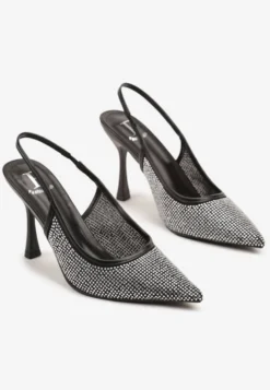 Czarne Sandały Szpilki Slingback z Noskiem w Szpic Zdobione Cyrkoniami Zenvia