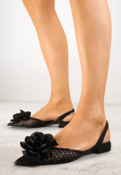 Czarne Sandały Vices Slingback z Siateczkową Cholewką Ozdobione Kwiatem 3D Lilivora