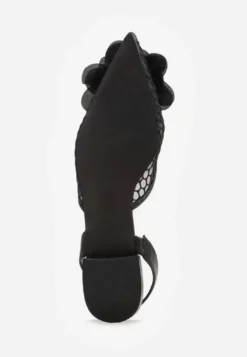 Czarne Sandały Vices Slingback z Siateczkową Cholewką Ozdobione Kwiatem 3D Lilivora