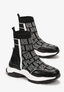 Czarne Skarpetkowe Sneakersy na Płaskiej Grubej Podeszwie Parnelia