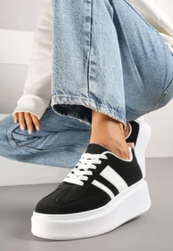 Czarne Sneakersy Klasyczne Tenisówki na Grubej Podeszwie z Koturnem Adessia
