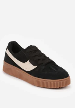 Czarne Sneakersy Kultowe Tenisówki z Zamszu Naturalnego ze Skórzaną Wkładką Rionae