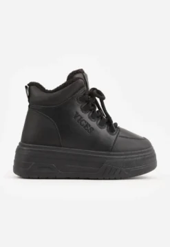 Czarne Sneakersy na Grubej Podeszwie Mocno Ocieplane Futrem Leavinael
