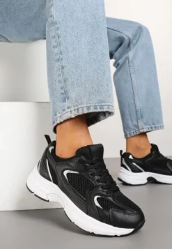 Czarne Sneakersy na Grubej Podeszwie z Cholewką z Siateczką Zollexia