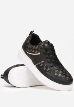Czarne Sneakersy na Grubej Podeszwie z Wzorzystą Cholewką z Błyszczącą Nitką Jaile