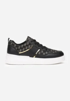 Czarne Sneakersy na Grubej Podeszwie z Wzorzystą Cholewką z Błyszczącą Nitką Jaile