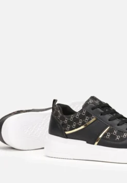 Czarne Sneakersy na Grubej Podeszwie z Wzorzystą Cholewką z Błyszczącą Nitką Jaile