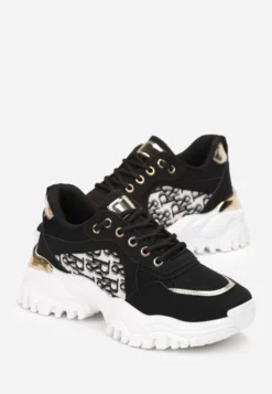 Czarne Sneakersy na Grubej Podeszwie z Metaliczną Wstawką Austyna