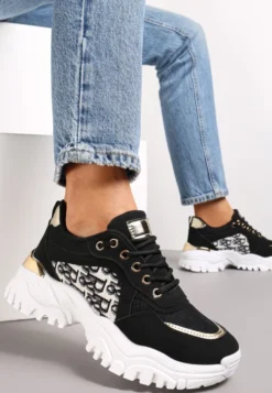 Czarne Sneakersy na Grubej Podeszwie z Metaliczną Wstawką Austyna