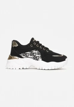 Czarne Sneakersy na Grubej Podeszwie z Metaliczną Wstawką Austyna