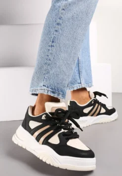 Czarne Sneakersy na Grubej Podeszwie z Brokatem Lenema