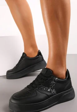 Czarne Sneakersy na Grubej Podeszwie przed Kostkę z Brokatowymi Wstawkami Dyla