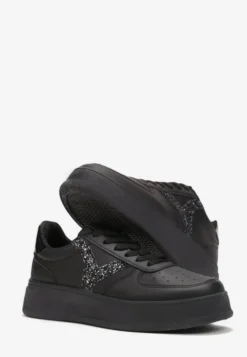Czarne Sneakersy na Grubej Podeszwie przed Kostkę z Brokatowymi Wstawkami Dyla