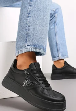 Czarne Sneakersy na Grubej Podeszwie przed Kostkę z Brokatowymi Wstawkami Dyla