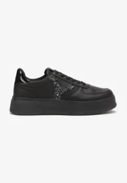 Czarne Sneakersy na Grubej Podeszwie przed Kostkę z Brokatowymi Wstawkami Dyla