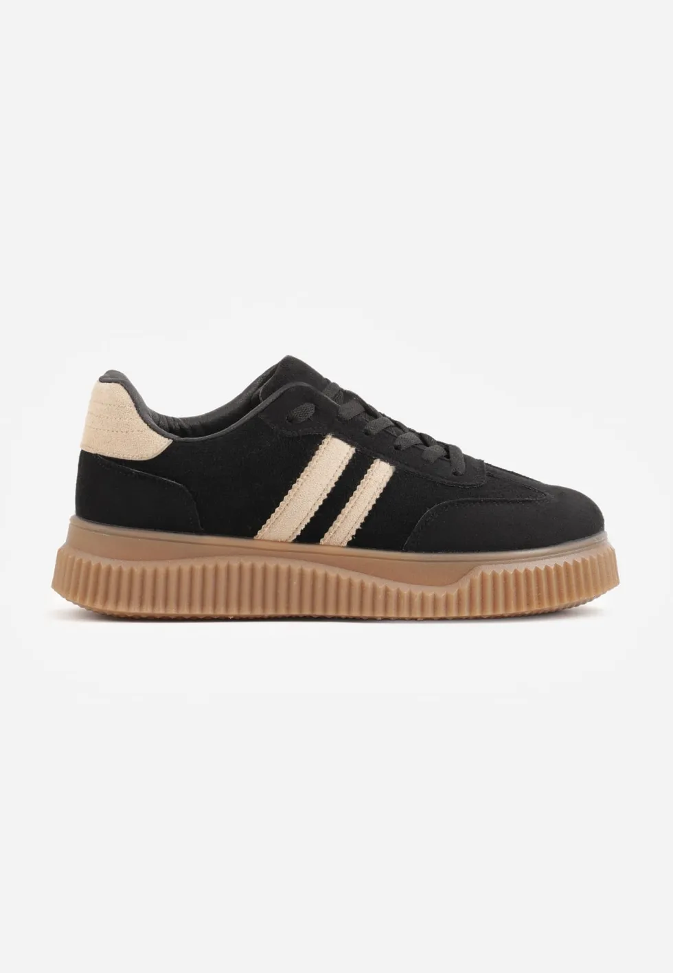 Czarne Sneakersy na Kauczukowej Tłoczonej Platformie Ozdobione Paskami Naifeh