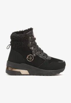 Czarne Sneakersy na Koturnie za Kostkę z Metaliczną Ozdobą i Suwakiem Sinelara