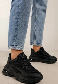 Czarne Sneakersy na Masywnej Podeszwie z Siateczkowym Wstawkami i Ozdobnymi Sznurówkami Ollavia