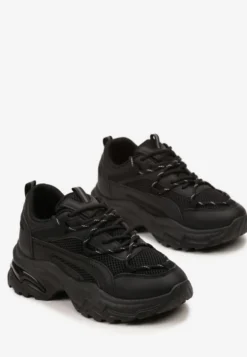 Czarne Sneakersy na Masywnej Podeszwie z Siateczkowym Wstawkami i Ozdobnymi Sznurówkami Ollavia