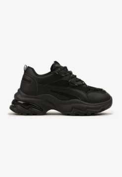Czarne Sneakersy na Masywnej Podeszwie z Siateczkowym Wstawkami i Ozdobnymi Sznurówkami Ollavia