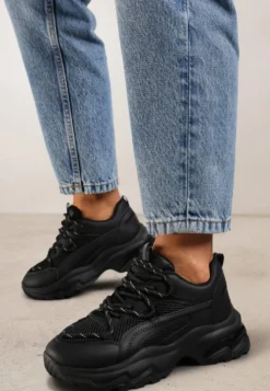 Czarne Sneakersy na Masywnej Podeszwie z Siateczkowym Wstawkami i Ozdobnymi Sznurówkami Ollavia