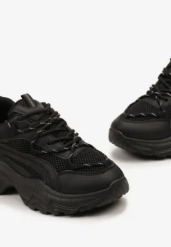 Czarne Sneakersy na Masywnej Podeszwie z Siateczkowym Wstawkami i Ozdobnymi Sznurówkami Ollavia