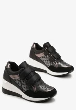 Czarne Sneakersy na Niewysokiej Koturnie na Rzepy Portha