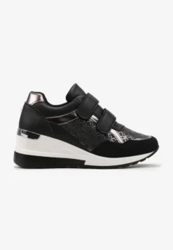 Czarne Sneakersy na Niewysokiej Koturnie na Rzepy Portha