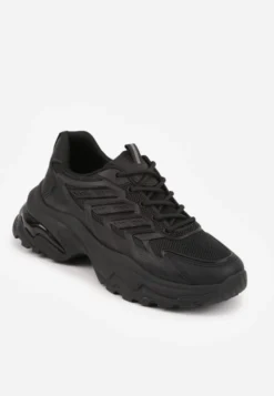 Czarne Sneakersy na Niskiej Platformie z Ozdobnymi Wstawkami na Cholewce Amrogia