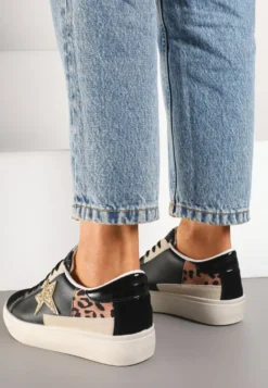 Czarne Sneakersy na Niskiej Platformie z Brokatowymi Zdobieniami Felaven