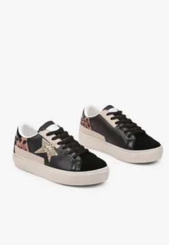 Czarne Sneakersy na Niskiej Platformie z Brokatowymi Zdobieniami Felaven
