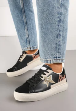 Czarne Sneakersy na Niskiej Platformie z Brokatowymi Zdobieniami Felaven