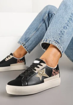 Czarne Sneakersy na Niskiej Platformie z Brokatowymi Zdobieniami Felaven