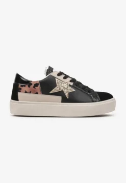 Czarne Sneakersy na Niskiej Platformie z Brokatowymi Zdobieniami Felaven