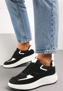 Czarne Sneakersy na Ozdobnej Grubej podeszwie z Brokatem Gelnia