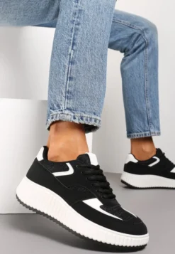 Czarne Sneakersy na Ozdobnej Grubej podeszwie z Brokatem Gelnia