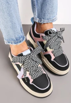 Czarne Sneakersy na Płaskiej Podeszwie z Grubymi Sznurówkami i Przeszyciami Joliat