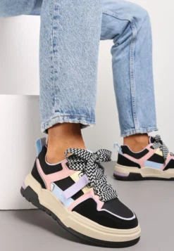 Czarne Sneakersy na Płaskiej Podeszwie z Grubymi Sznurówkami i Przeszyciami Joliat