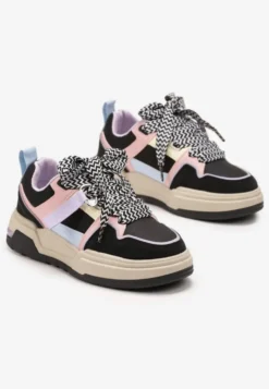 Czarne Sneakersy na Płaskiej Podeszwie z Grubymi Sznurówkami i Przeszyciami Joliat