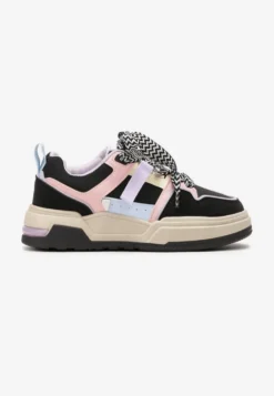 Czarne Sneakersy na Płaskiej Podeszwie z Grubymi Sznurówkami i Przeszyciami Joliat