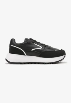 Czarne Sneakersy na Płaskiej Podeszwie z Geometrycznym Motywem Erithnia