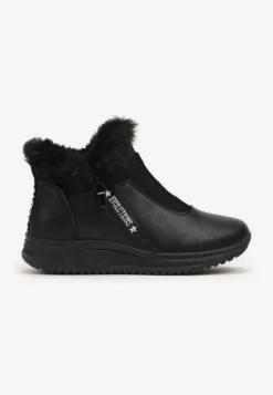 Czarne Sneakersy na Płaskiej Podeszwie Ozdobione Futerkiem i Napisami Rialises
