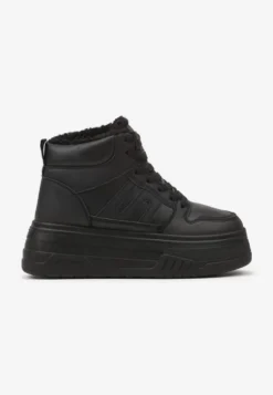 Czarne Sneakersy na Platformie Mocno Ocieplane Futerkiem Lealwen