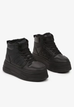 Czarne Sneakersy na Platformie Mocno Ocieplane Futerkiem Lealwen