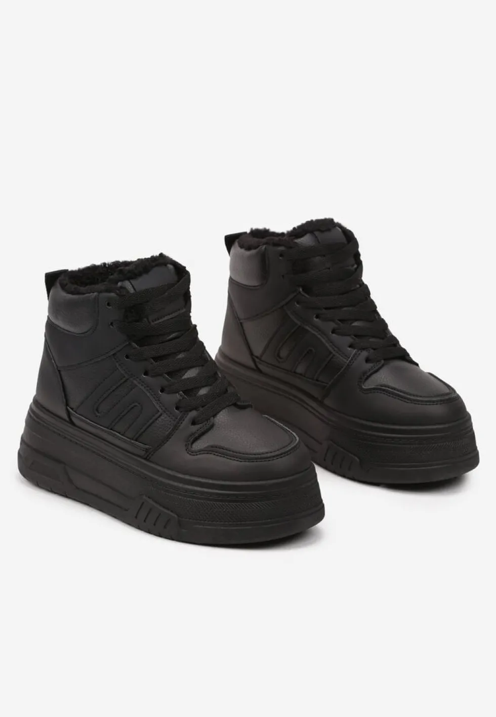 Czarne Sneakersy na Platformie Mocno Ocieplane Futerkiem Lealwen